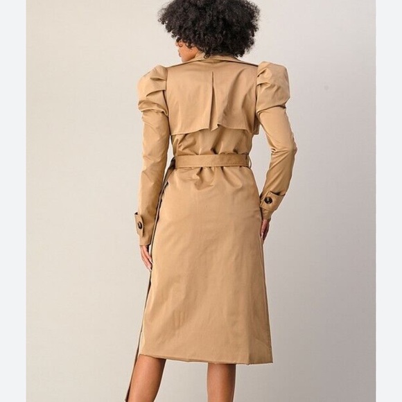 Double Breasted Puffed Shoulder Belted Trench Coat - Picture 2 of 8